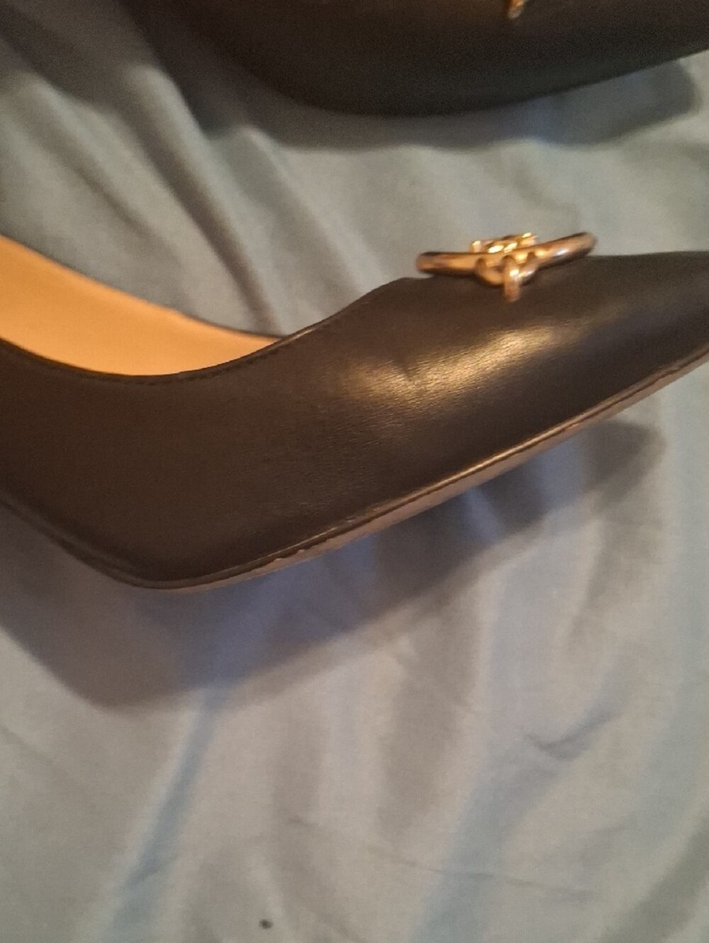 Coach Black Pointed Toe Leather Heels with Gold Horse & Carriage Hardware - Picture 8 of 9